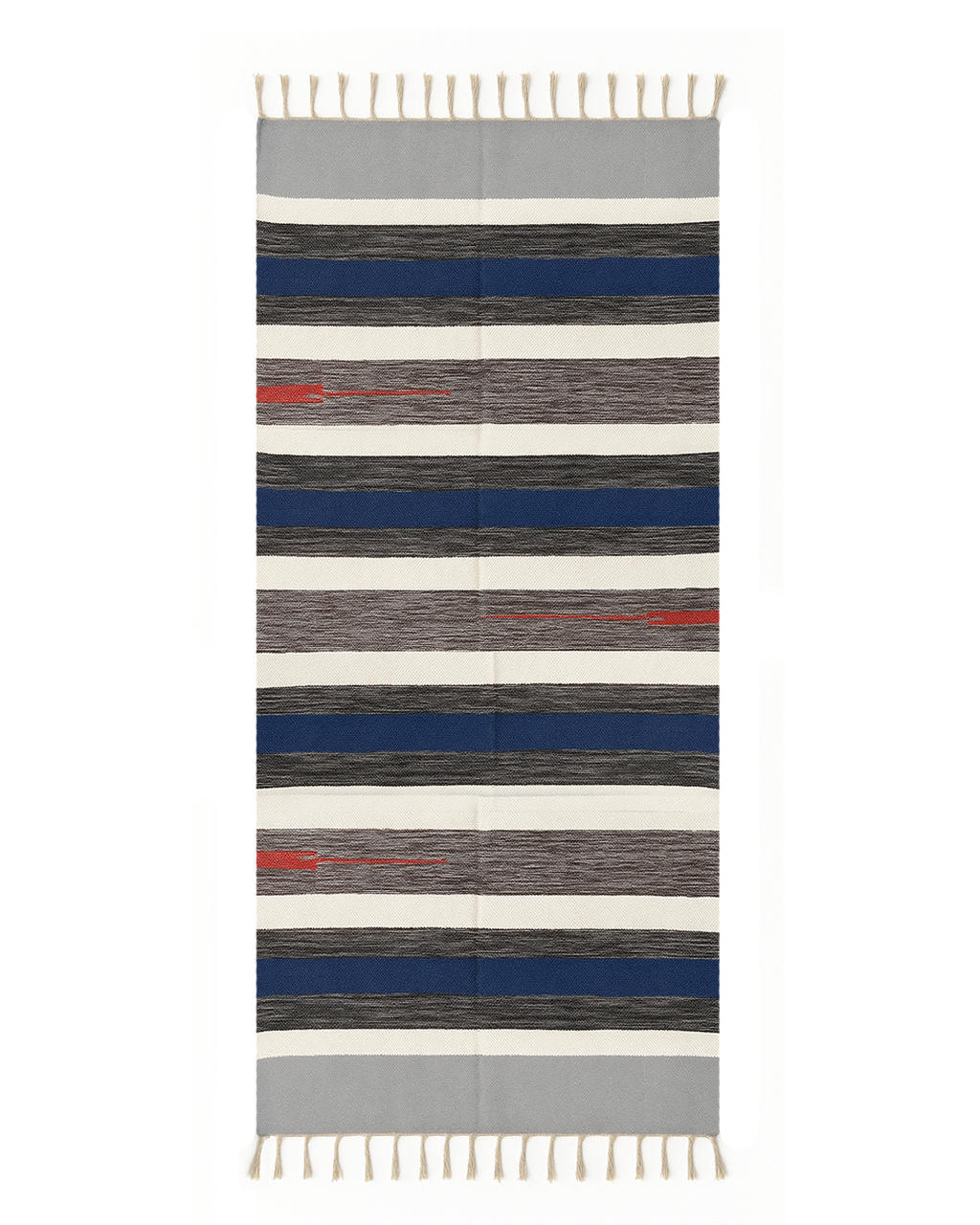 Handwoven Cotton Rug – Indigo, Grey & Cream Stripes with Red Accent | Artisan Made