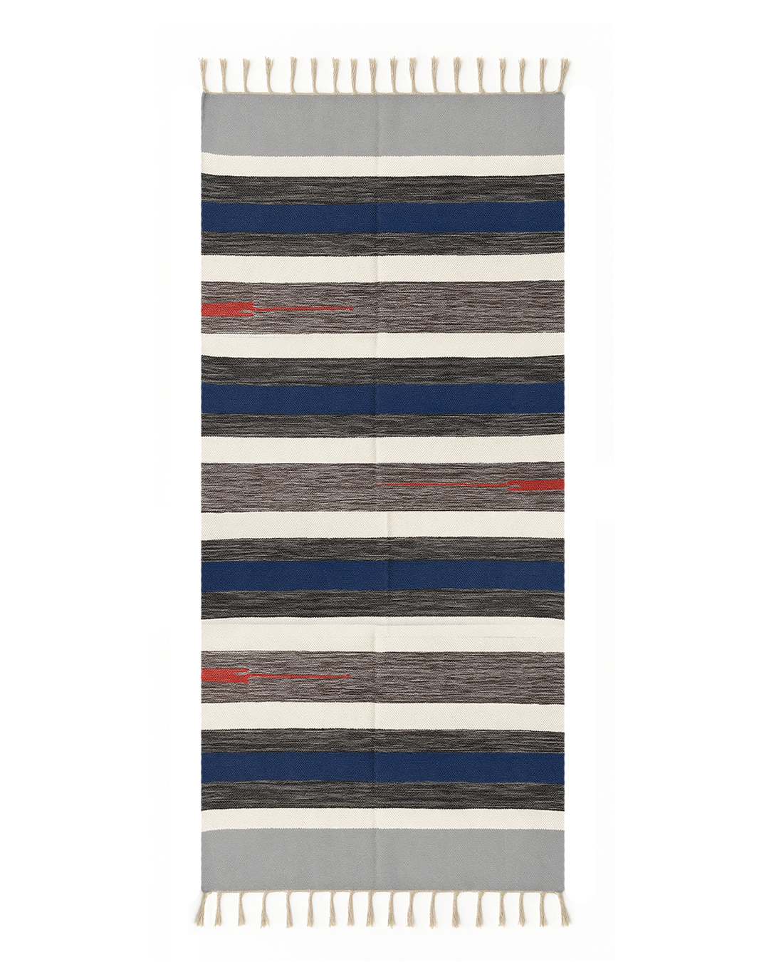 Handwoven Cotton Rug – Indigo, Grey & Cream Stripes with Red Accent | Artisan Made