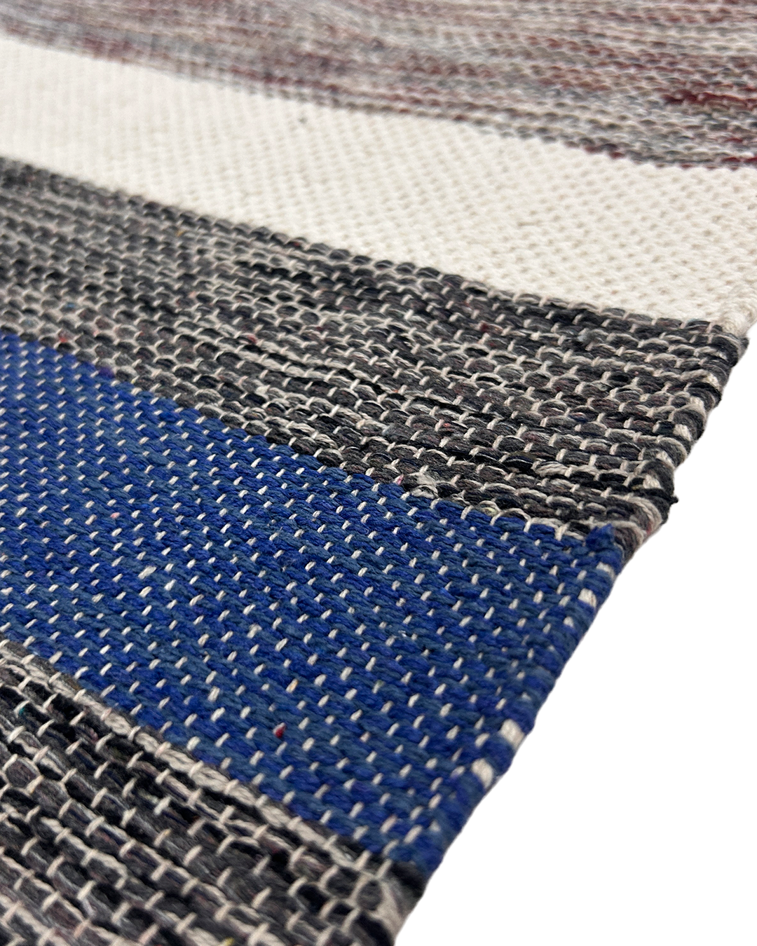 Handwoven Cotton Rug – Indigo, Grey & Cream Stripes with Red Accent | Artisan Made