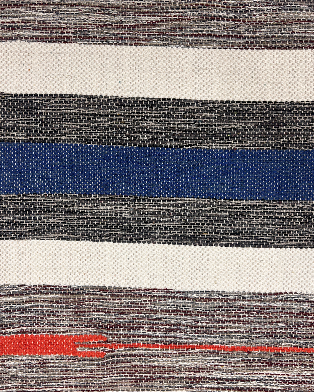 Handwoven Cotton Rug – Indigo, Grey & Cream Stripes with Red Accent | Artisan Made