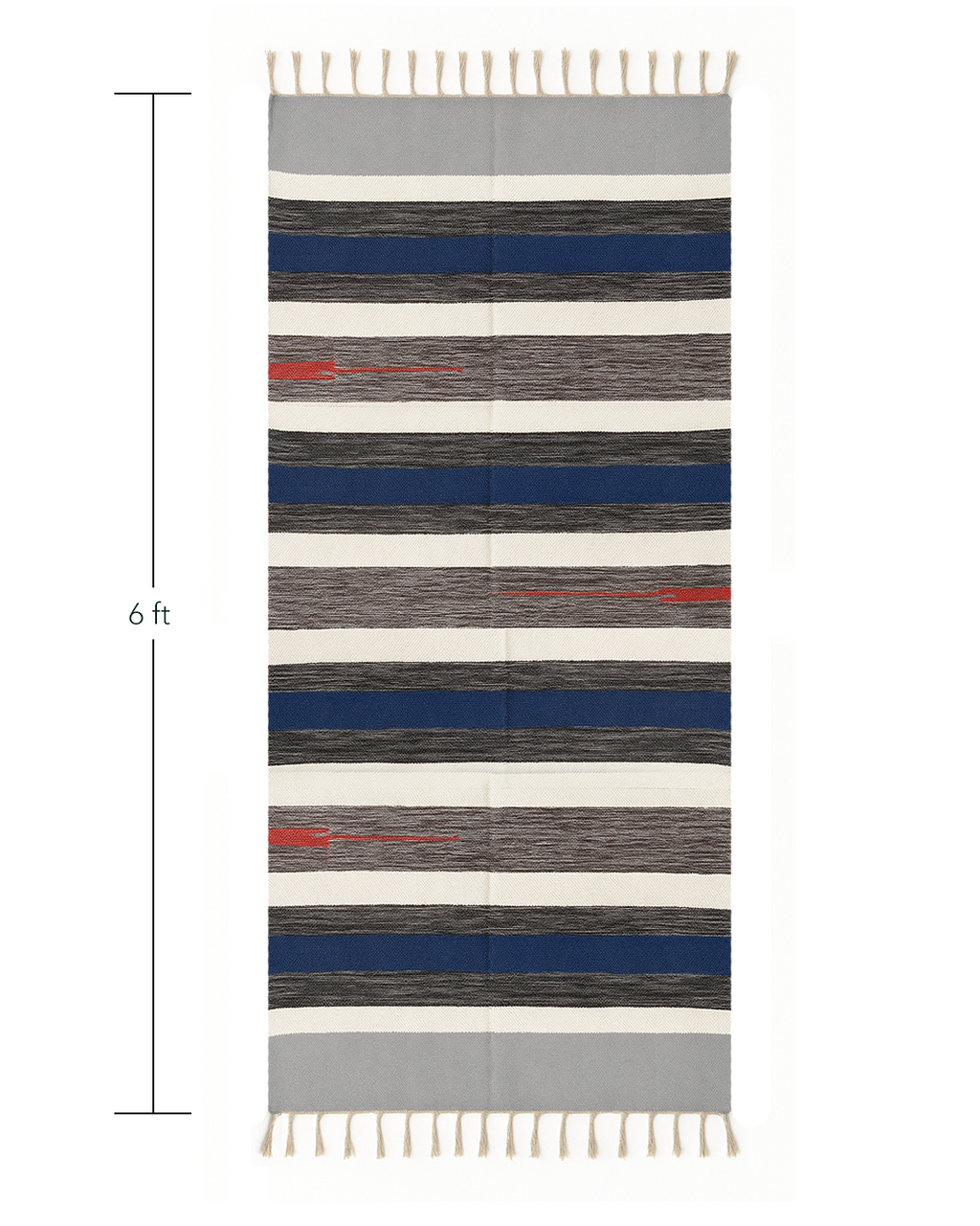 Handwoven Cotton Rug – Indigo, Grey & Cream Stripes with Red Accent | Artisan Made