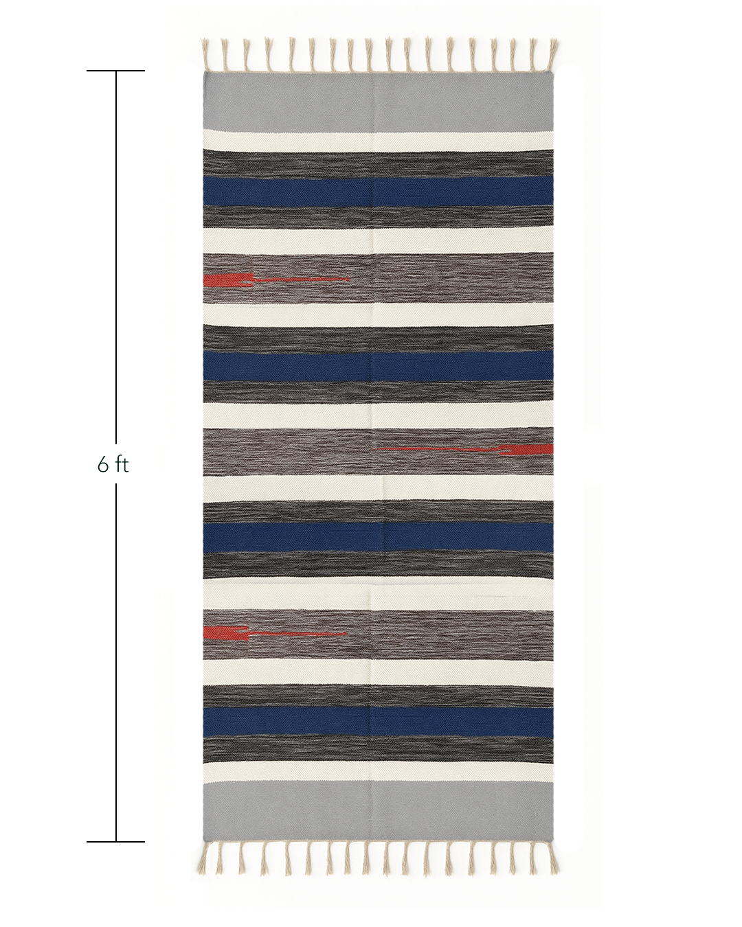 Handwoven Cotton Rug – Indigo, Grey & Cream Stripes with Red Accent | Artisan Made
