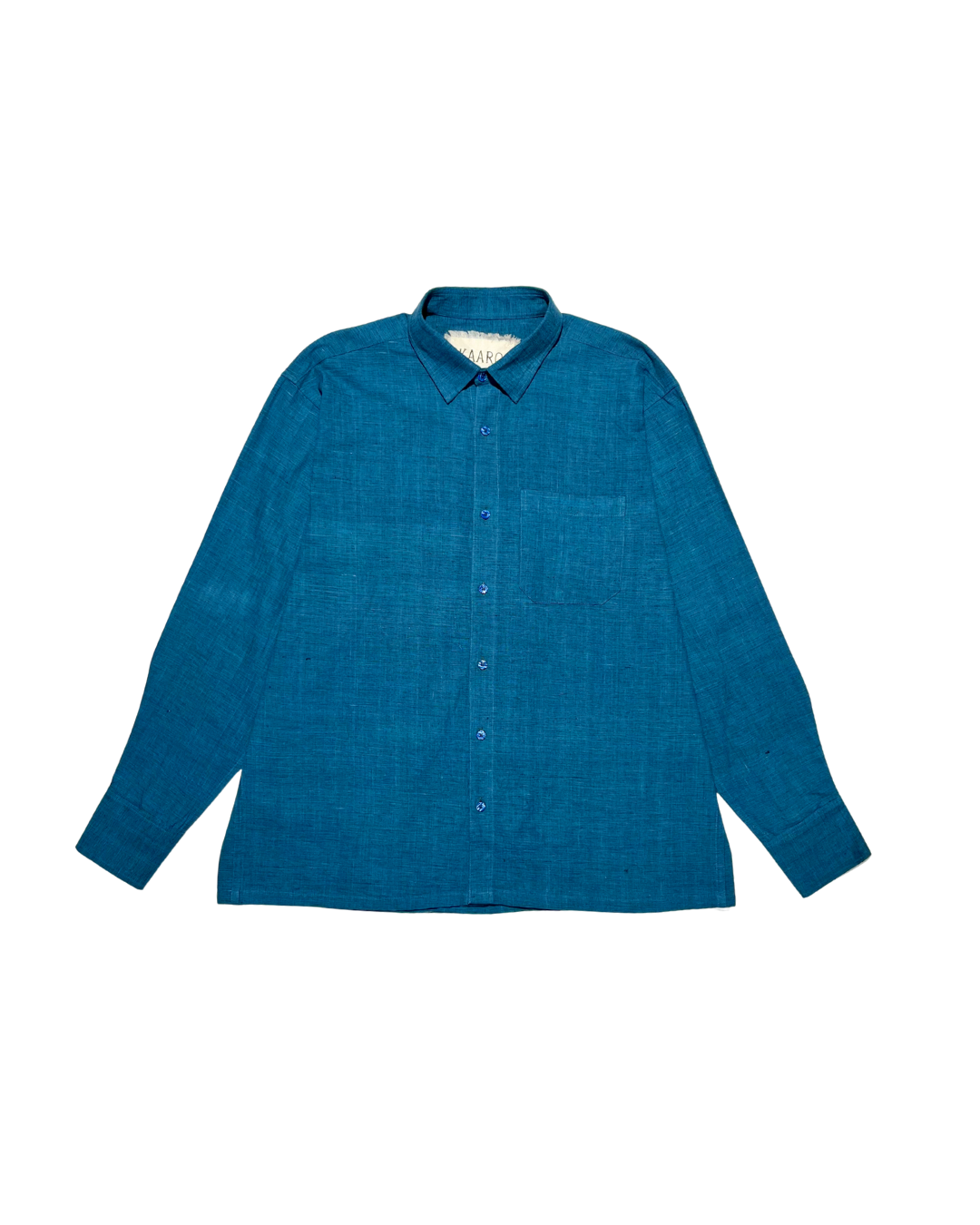 Blue hand-spun and handwoven shirt on a white background
