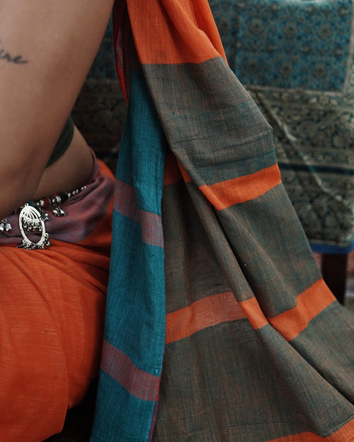 Coastal Ember Handwoven Saree - Kaaro - handwoven cotton - sustainable - ethical
