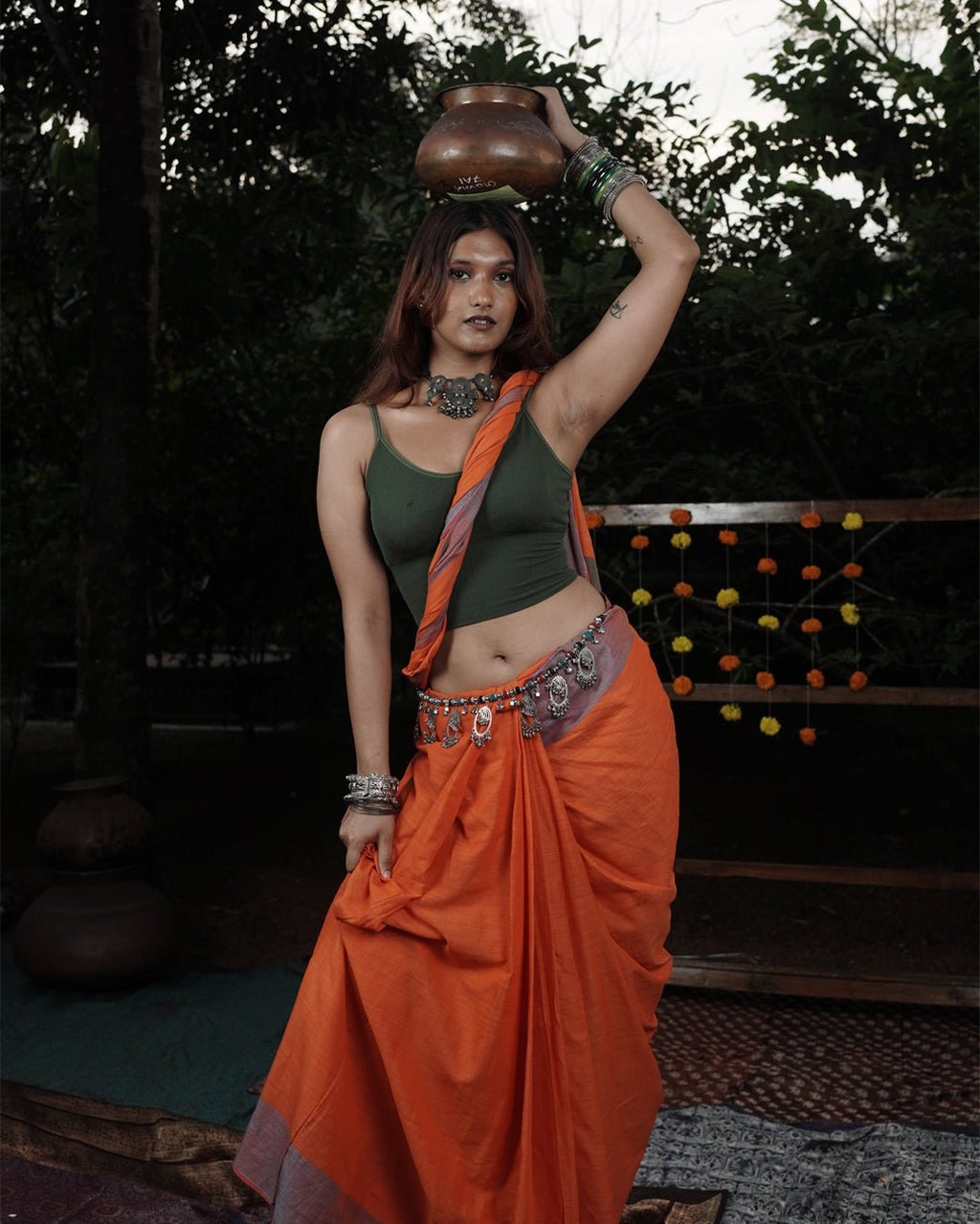 Coastal Ember Handwoven Saree - Kaaro - handwoven cotton - sustainable - ethical