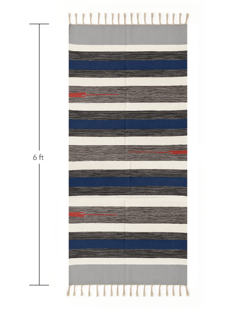 Handwoven Cotton Rug – Indigo, Grey & Cream Stripes with Red Accent | Artisan Made - Kaaro - handwoven cotton - sustainable - ethical