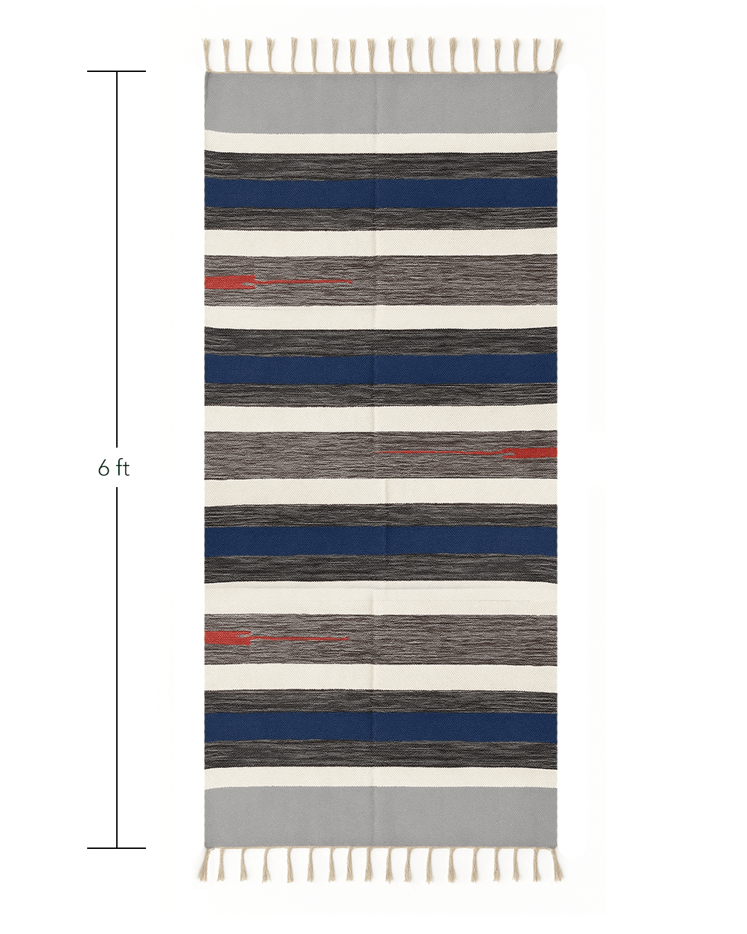 Handwoven Cotton Rug – Indigo, Grey & Cream Stripes with Red Accent | Artisan Made - Kaaro - handwoven cotton - sustainable - ethical