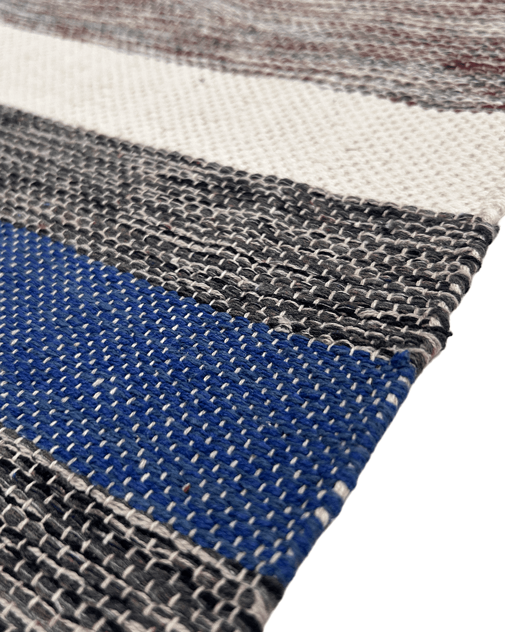 Handwoven Cotton Rug – Indigo, Grey & Cream Stripes with Red Accent | Artisan Made - Kaaro - handwoven cotton - sustainable - ethical