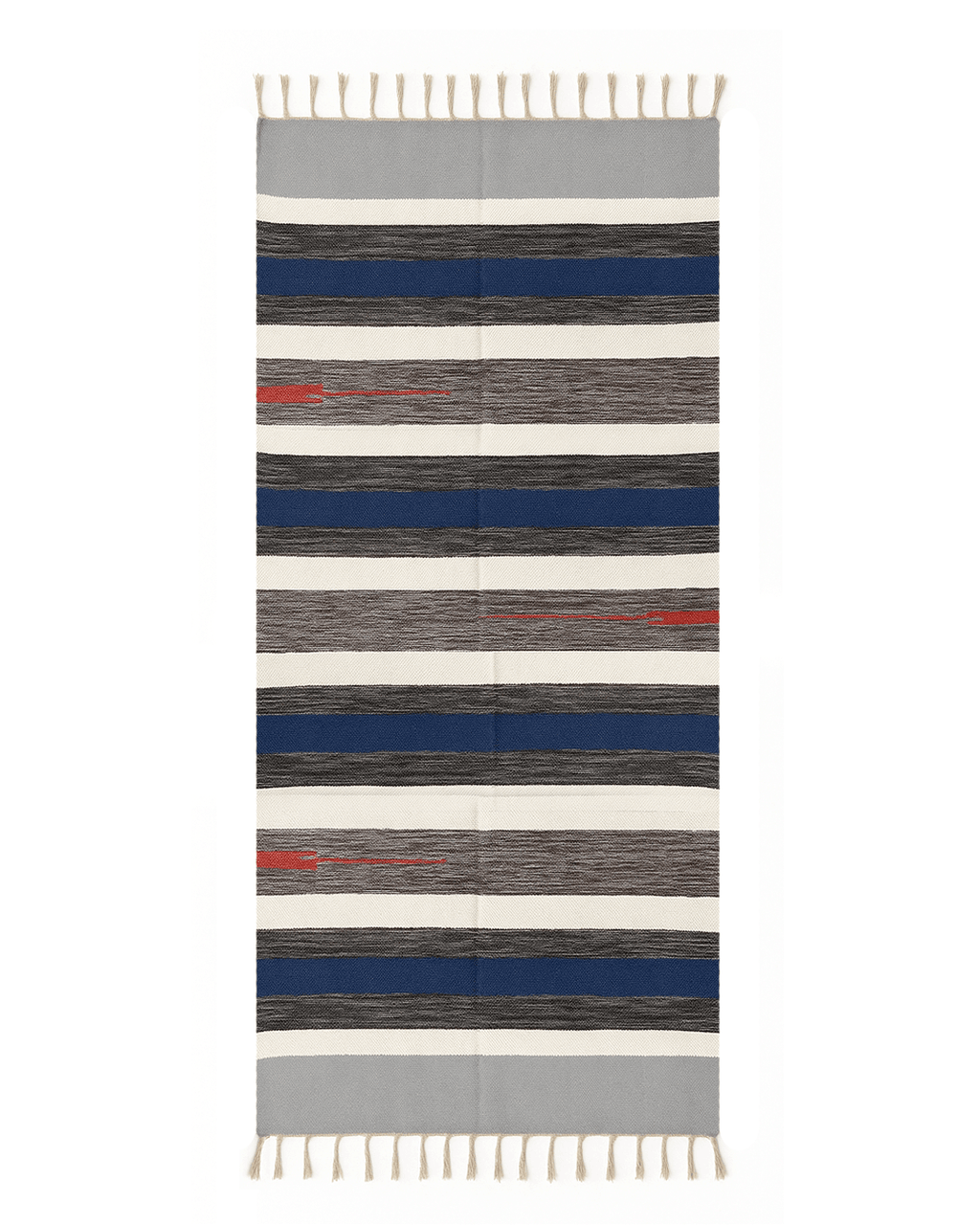 Handwoven Cotton Rug – Indigo, Grey & Cream Stripes with Red Accent | Artisan Made - Kaaro - handwoven cotton - sustainable - ethical