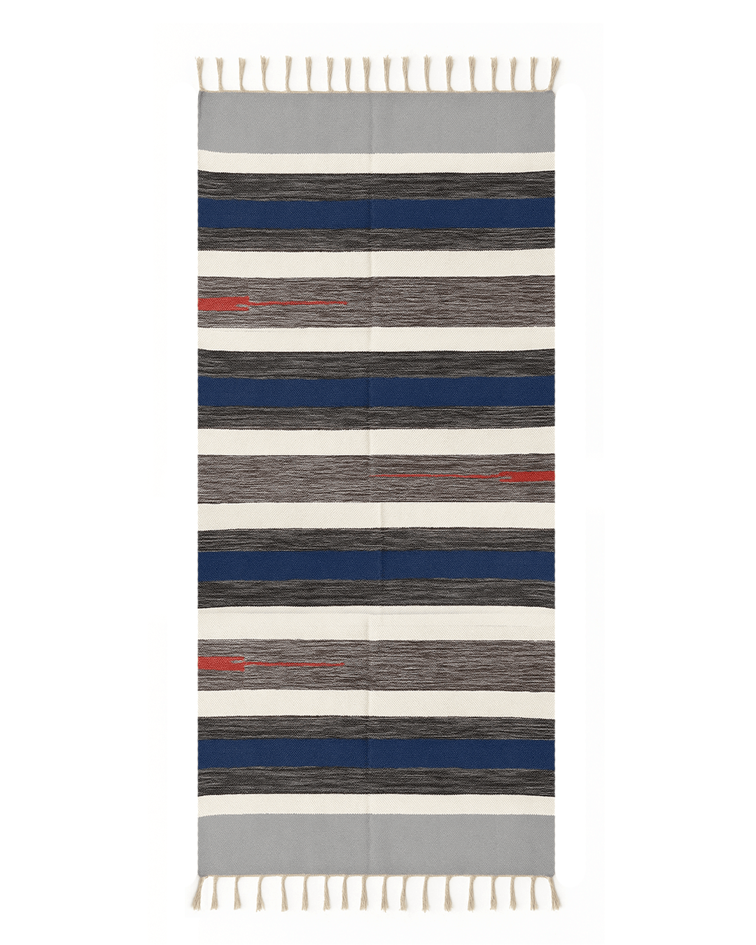 Handwoven Cotton Rug – Indigo, Grey & Cream Stripes with Red Accent | Artisan Made - Kaaro - handwoven cotton - sustainable - ethical